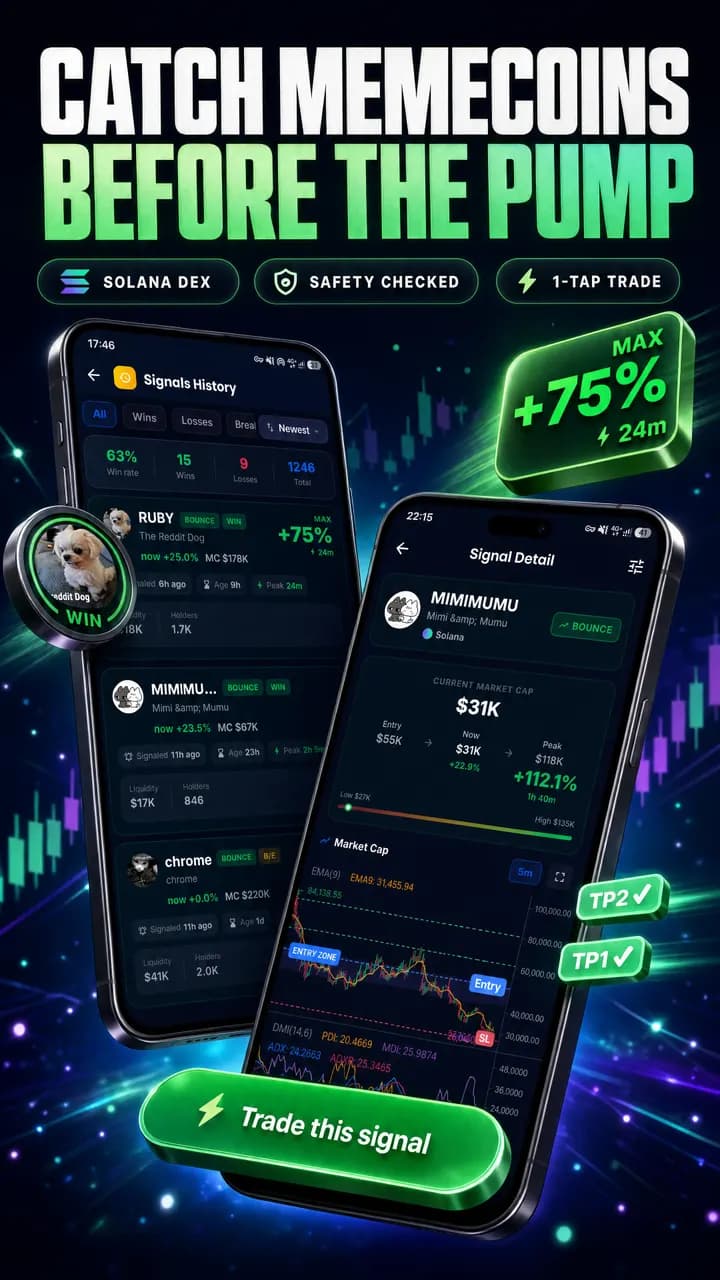 Sindex AI DEX signal card for a Solana token showing signal strength score, entry and current market cap, liquidity, holders, token age and Fibonacci levels
